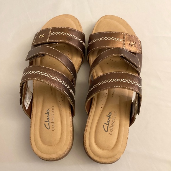 Clarks 9.5W Roseville Bay Women’s Leather Cork Copper Sandals Wide Comfort Shoes - Picture 6 of 9
